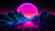 © Artofinnovation - Synthwave retro cyberpunk style landscape background banner or wallpaper. Bright neon pink and purple colors.
