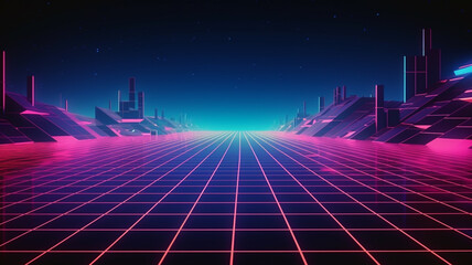 Wall Mural - Synthwave retro cyberpunk style landscape background banner or wallpaper. Bright neon pink and purple colors.