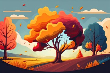 Sticker - Illustration of a fall-colored landscape with magnificent trees. color in nature. Generative AI