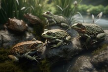 A Detailed Illustration Of A Group Of Amphibians In Their Natural Habitat, Generative AI