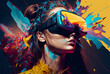 © saquizeta - Woman with VR headset exploring the metaverse with an explosion of colors coming out of the glasses. virtual reality. learning. Illustration. Generative AI