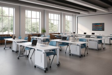 modern training room with modular furniture, multimedia capabilities, interactive displays, and flexible layout options - Generative AI