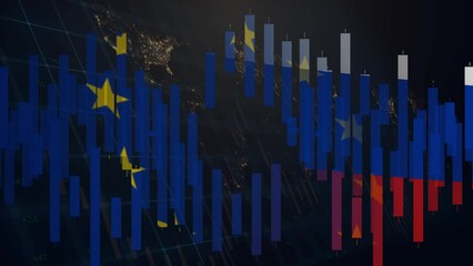 Poster - A chart of Japanese candlesticks in the colors of the flag of Russia and the European Union moves against the backdrop of a night map of the world. Double exposure. Cg