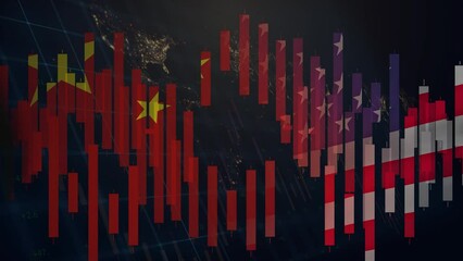 Poster - The chart of Japanese candlesticks in the colors of the flag of China and the USA is moving against the background of the night map of the world. Economy of the world. Double exposure. Cg