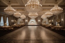 Luxurious Ballroom Wedding Venue With Crystal Chandeliers, Elegant Drapery, A Grand Staircase, And Spacious Dance Floor, Offering Regal Setting For A Glamorous - Generative AI