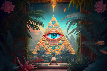 Wall Mural - Illuminati logo, all seeing eye symbol on pyramid, concept of masonic secret societies, conspiracys and ruling the world