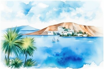 Wall Mural - Watercolor Illustration of Santorini, Greece. Overlooking the Caldera in the Aegean Sea is a traditional blue and white dome church. Island of Santorinis Oia settlement. Greek style buildings