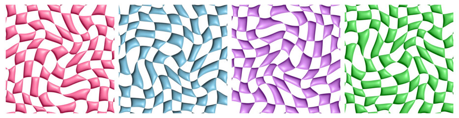 Fototapete - Vector Set of Psychedelic Checkerboard Seamless Patterns in 3D Render Style. Y2k Texture with Swirl Groovy Waves. Distorted Checkered Background