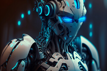 Wall Mural - Close up of humanoid cyborg robot with blue eyes powered by futuristic technology and artificial intelligence, AI