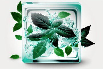 Sticker - Fresh mint leaves embedded in ice cubes on a white backdrop. Generative AI