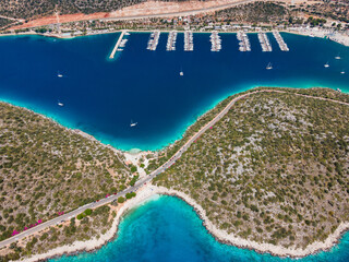 Wall Mural - Drone view of Çukurbağ Peninsula, İnceburun Beach and Setur Marina in Kaş, Antalya, Turkey