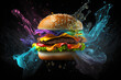 Liquid splash of rainbow color around a big burger. Black background. Fast food concept. Generative AI
