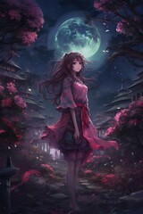 Japanese cartoon anime girl in a kimono dress in a field with sacura on a full moon made with generative AI