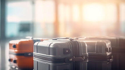 plastic travel suitcases, airport blurred background