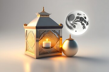 background with mosque and lanterns. 3d illustration of a mosque with golden, white, red moon and stars ornament. AI GENERATIVE