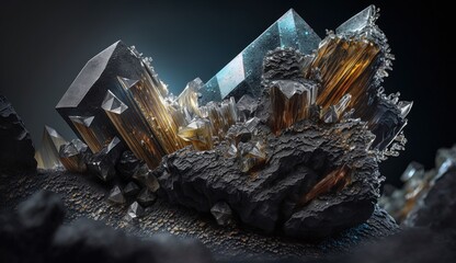 Wall Mural - deposits of diamond and tourmaline crystalline ore in a nugget. Precious minerals of different types and textures. Created with AI.