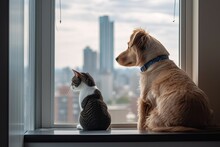 Heartwarming Image Of Dog And Cat Sitting Together On City Apartment Windowsill - Generative AI