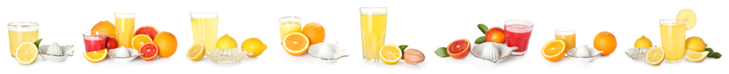 Wall Mural - Set of juicers, beverages and different citrus fruits on white background