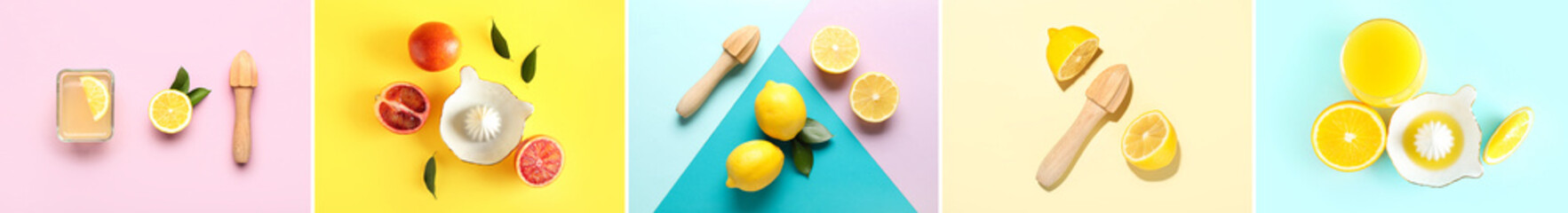 Wall Mural - Collage with different citrus fruits and juicers on color background, top view