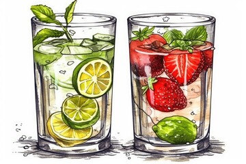 Poster - Fresh strawberries, lime, lemonade drink, and ice in a mojito. alcoholic beverage produced at home. Generative AI