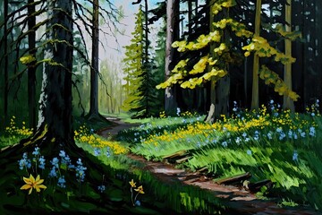 Wall Mural - Spring in the forest. Flowers. oil paintings of landscapes. excellent art. Generative AI