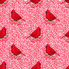 Hand Drawn Illustration Of Seamless Pattern With Red Cardinals And Berries.
