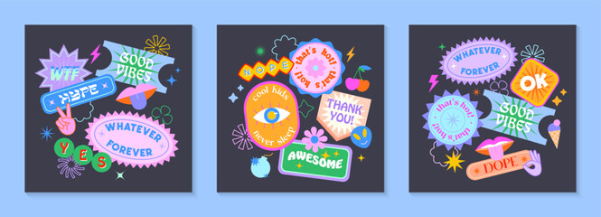 Wall Mural - Vector set of cute funny templates with patches and stickers in 90s style.Modern symbols in y2k aesthetic with text.Trendy acid designs for banners,social media marketing,branding,packaging,covers