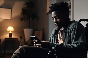 Young disabled Afro-American man on wheelchair using smartphone in living room at home, created with Generative AI
