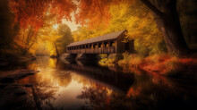 Captivating Autumn Image Of Quaint Covered Bridge In New England - Generative Ai