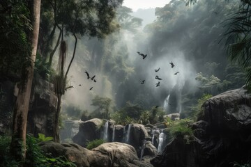 Wall Mural - smoky jungle, with waterfalls and birds in the background, created with generative ai