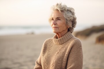 Wall Mural - Portrait of a senior woman on the beach at autumn day.