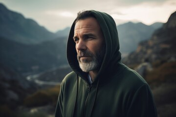 Handsome bearded man with grey hair and beard wearing a green hoodie standing on the top of a mountain and looking away