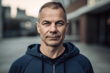 Wall Mural - Portrait of a middle-aged man in a blue sweatshirt.