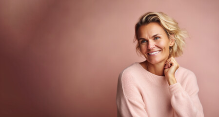Wall Mural - Portrait of a beautiful woman with blond hair in a pink sweater