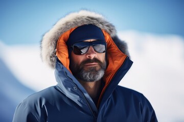 Poster - Portrait of a bearded man wearing winter jacket and sunglasses against snowy landscape