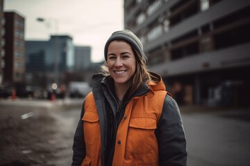 Poster - Portrait of a beautiful smiling woman in an orange jacket on the street