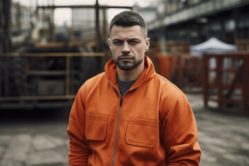 Canvas Print - Portrait of a brutal man in an orange jacket in the city