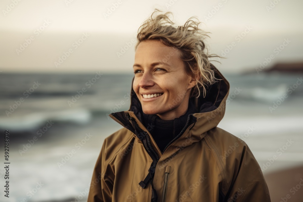 Portrait of a smiling woman standing on the beach at sunset. Stock ...