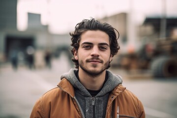 Canvas Print - Young handsome man with long curly hair posing in an urban context.