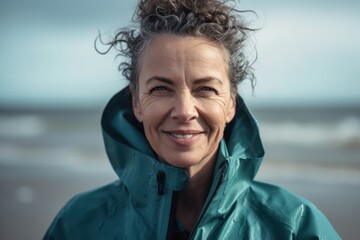 Wall Mural - Portrait of smiling senior woman in raincoat looking at camera on beach