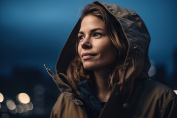 Portrait of a beautiful young woman in a raincoat at night.