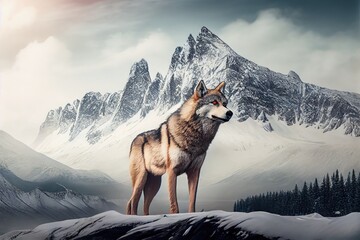 Wall Mural - majestic wolf against the backdrop of a snow-covered mountain range, created with generative ai