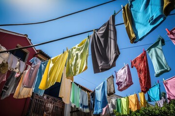 Wall Mural - clotheslines with colorful laundry drying in the wind, created with generative ai