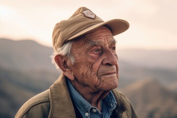 Poster - Environmental portrait photography of a pleased elderly 100 years old man wearing a denim jacket against a panoramic landscape background. Generative AI