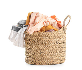 Wall Mural - Wicker basket with dirty clothes on white background
