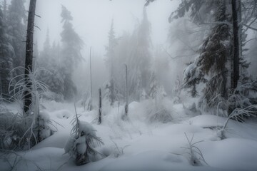 snow-covered forest with heavy blizzard in the distance, created with generative ai