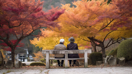 Sticker - Two old people sitting on a bench in front of a tree. AI generative image