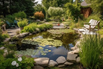 Wall Mural - backyard with pond and abundant wildlife, including frogs, dragonflies, and birds, created with generative ai