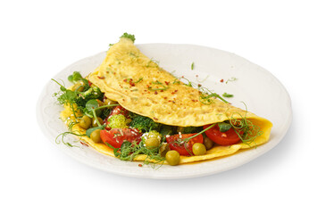 Tasty omelet with vegetables on white background