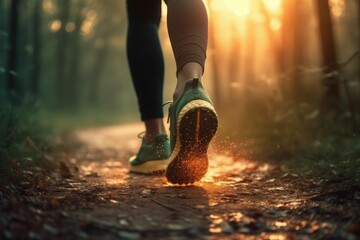 Poster - Legs of a woman jogging in the forest. Walking in nature in the fresh air after the rain. AI generated, human enhanced